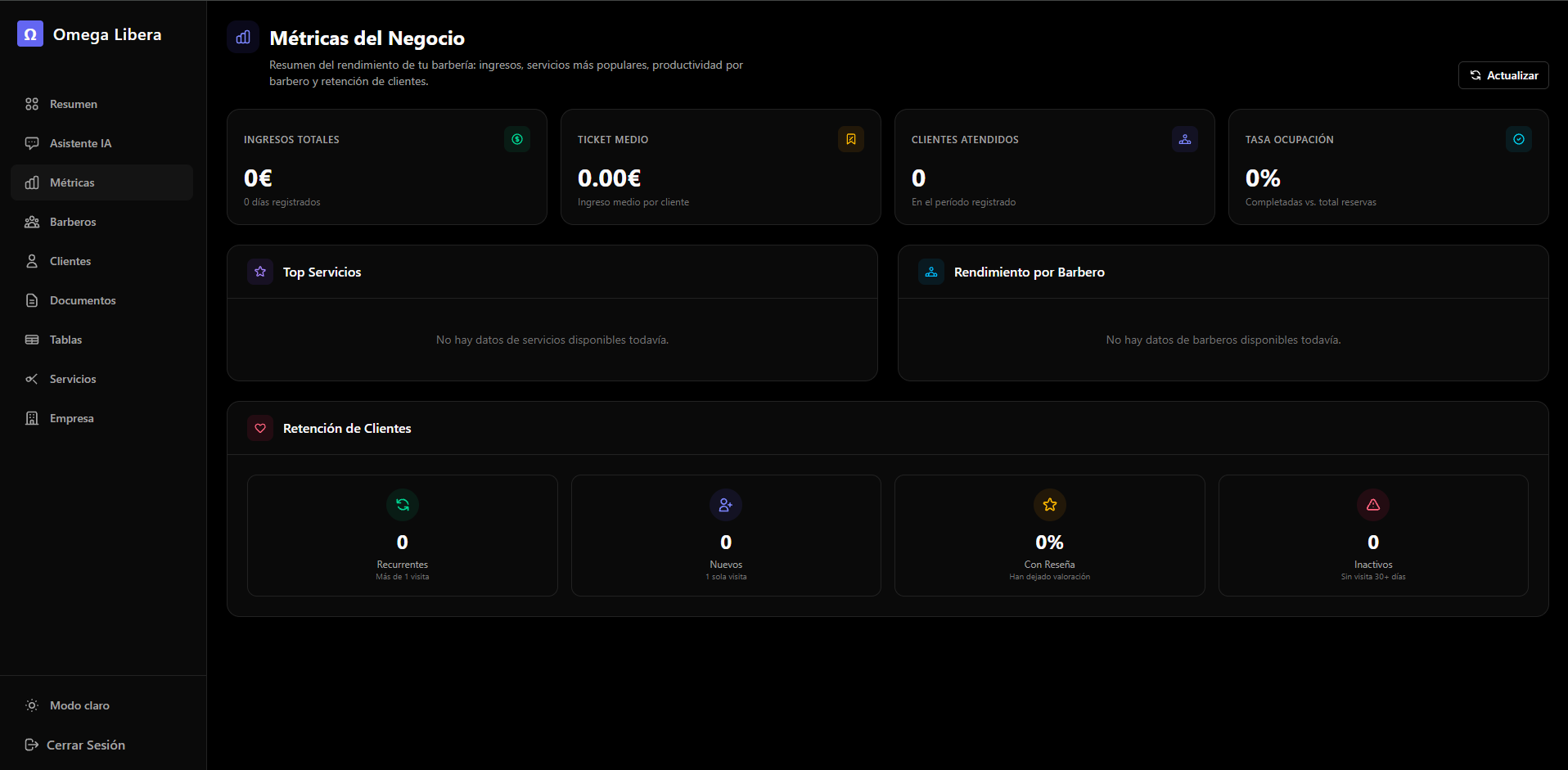 Panel de control Omega Libera - Módulo de Métricas y Facturación