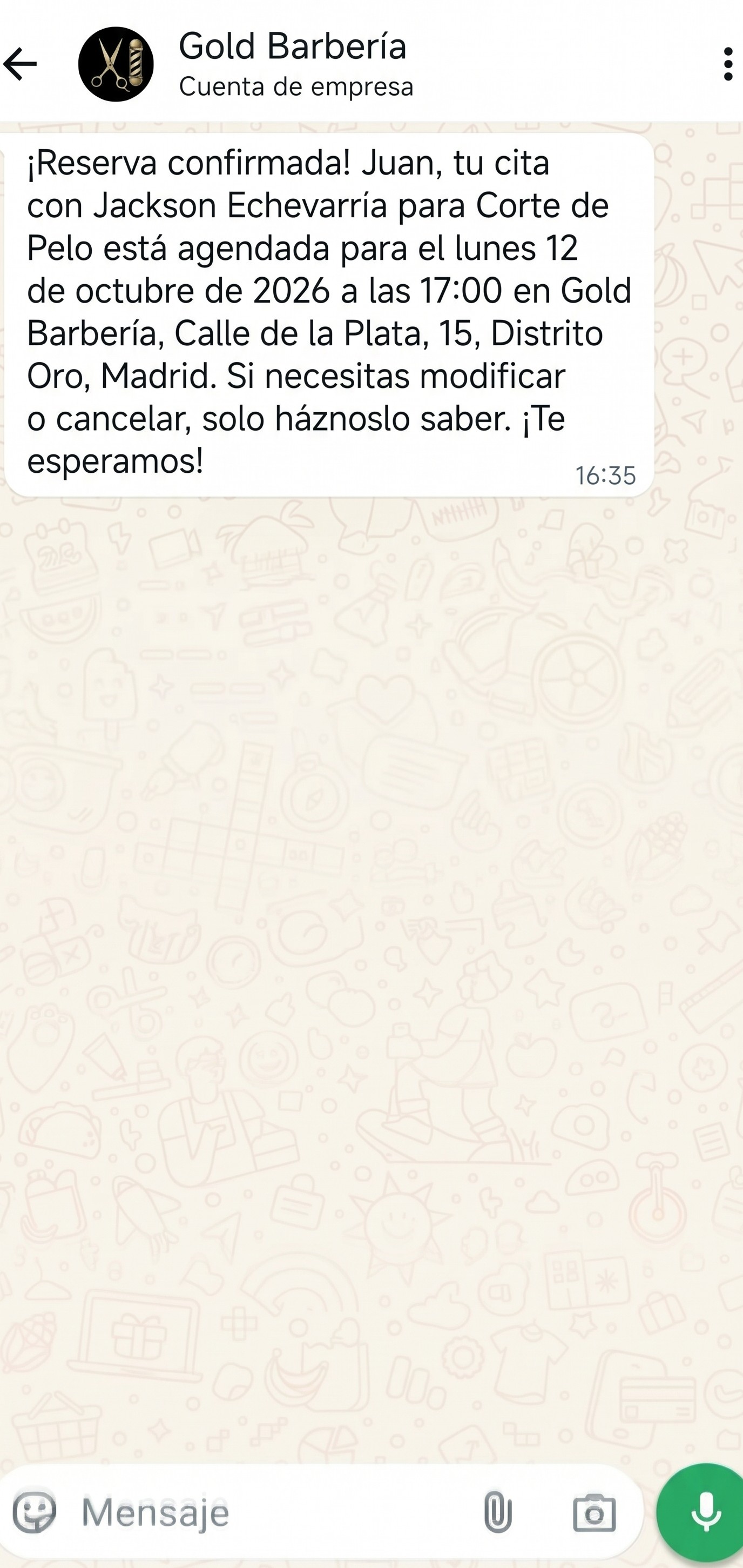 Mensaje de WhatsApp confirmando una reserva en Omega Libera